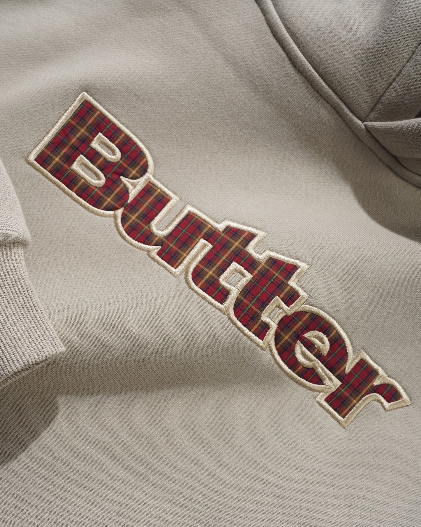 Butter Plaid Logo Applique Pullover Hood, Taupe