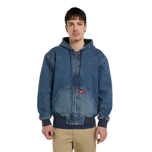 Dickies Lined Denim Hooded Bomber Jacket Mid Blufad Wash
