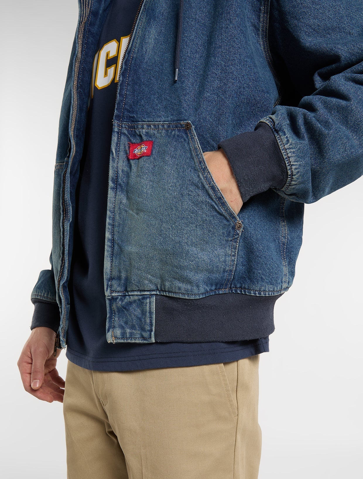 Dickies Lined Denim Hooded Bomber Jacket Mid Blufad Wash
