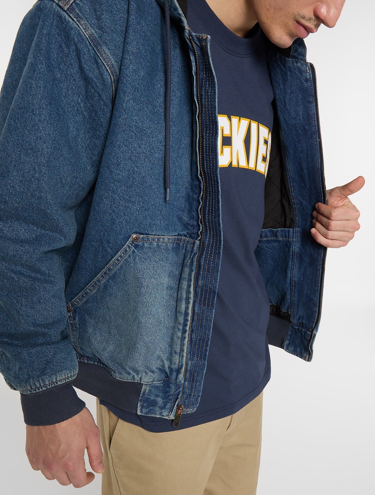 Dickies Lined Denim Hooded Bomber Jacket Mid Blufad Wash